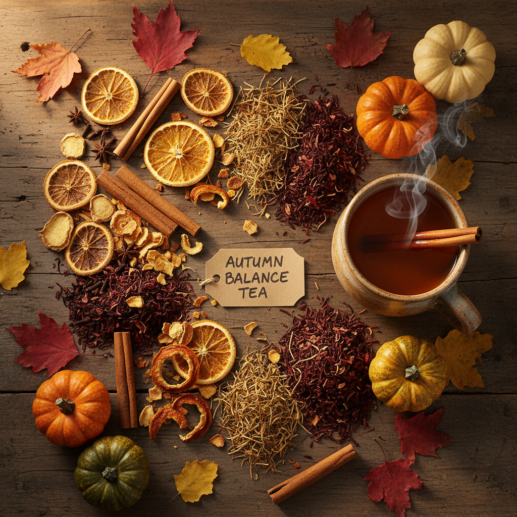 Autumnal pumpkin spice hormone balance herbal tea flat lay with cinnamon, cloves, ginger, orange peel and a warm amber mug
