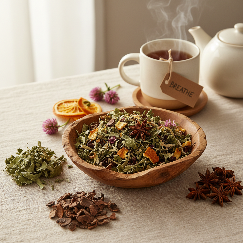 Loose-leaf herbal respiratory tea blend with mullein, star anise, wild cherry bark, and orange peel