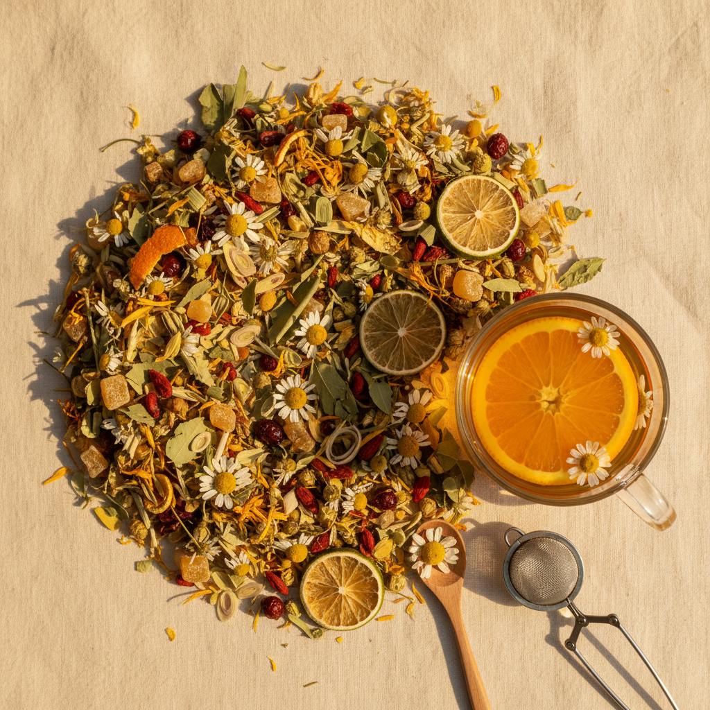 Chamomile citrus herbal tea flat lay with chamomile flowers, orange peel, goji berries, marigold petals, and a golden mug