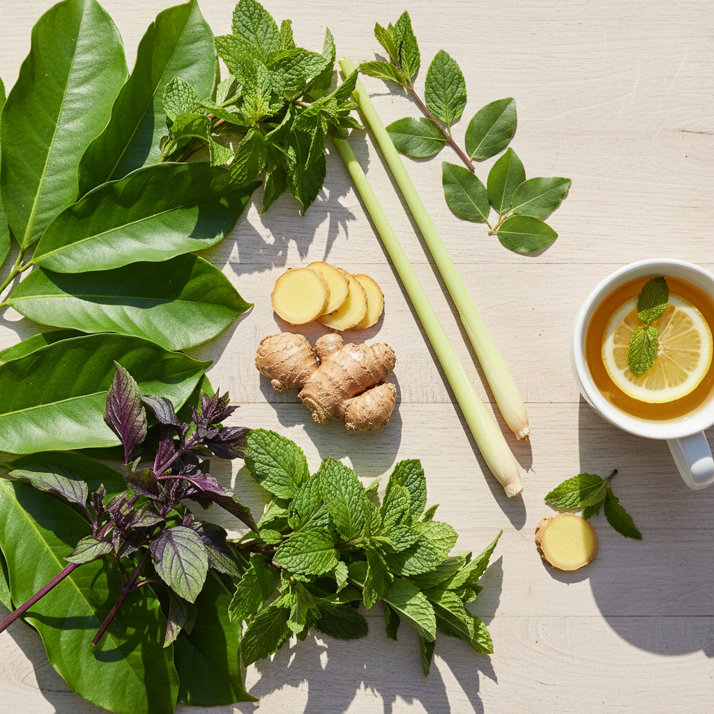 Soursop ginger citrus herbal tea flat lay with soursop leaves, ginger, lemongrass, and spearmint beside a golden mug