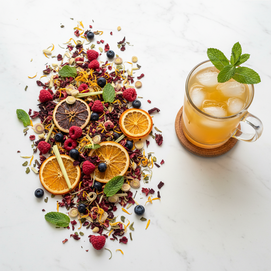 Berry citrus green tea loose-leaf blend with freeze-dried berries, orange slices, hibiscus, and spearmint beside an iced tea glass
