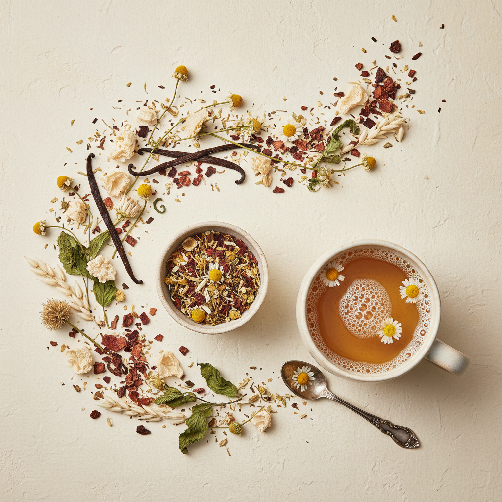 Cream soda chamomile herbal tea flat lay with chamomile flowers, vanilla beans, and mint leaves beside a cozy pale golden mug