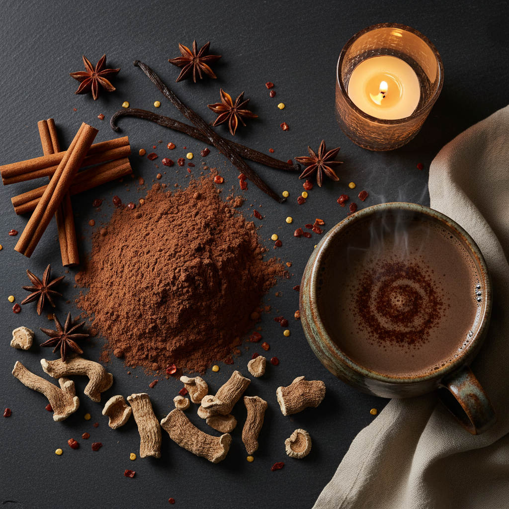 Malted mocha herbal drink mix with cacao, cinnamon, vanilla, and cayenne in a cozy mug