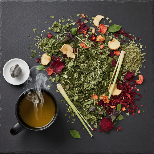 Metabolism-boosting herbal tea blend with yerba mate, ginger, lemongrass, tulsi, and beet root beside a steaming mug