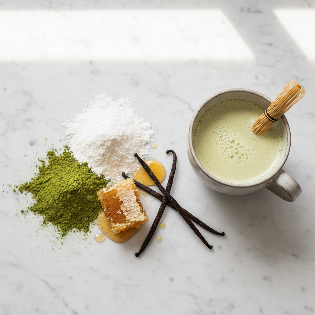 Vegan vanilla matcha latte mix with matcha powder, coconut milk, and vanilla beans beside a frothy green latte mug